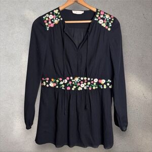 TORY‎ BURCH Fleur Tunic Blouse Black Floral Embroidery Crepe Sz 6